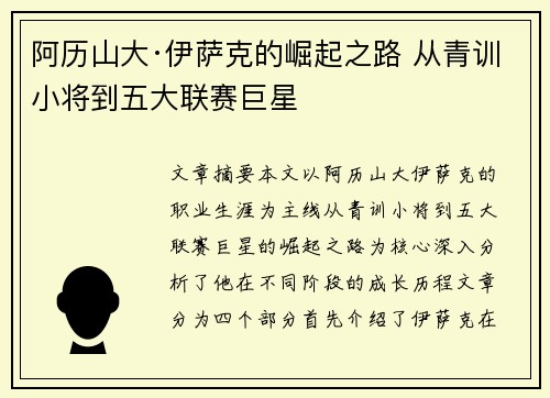 阿历山大·伊萨克的崛起之路 从青训小将到五大联赛巨星